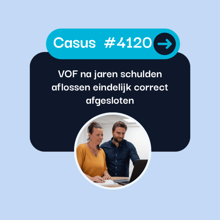 Een man en een vrouw werken samen aan een laptop, met daarboven Nederlandse tekst over hoe VOF schulden aflossen moet worden en hoe je een VOF correct afgesloten krijgt.