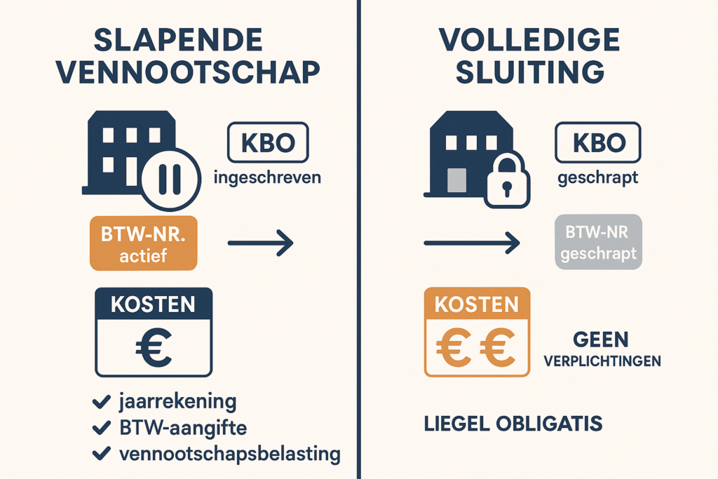 Infographic waarin een vergelijking wordt gemaakt tussen Vennootschap Tijdelijk Stopzetten met KBO-registratie en actieve btw versus een volledig gesloten bedrijf met KBO en btw-afmelding, met de bijbehorende kosten en verplichtingen.